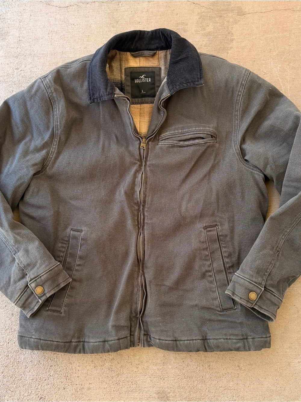 Hollister Men's Charcoal Canvas Field Jacket with Corduroy Collar